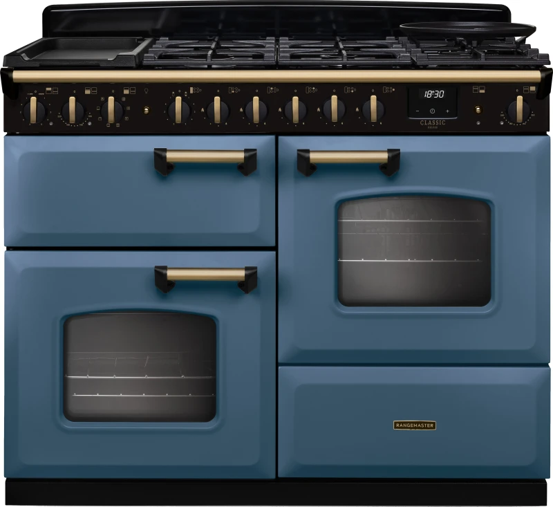 Image of Rangemaster Classic Deluxe 110 CLDLO110DFPSTB/AB1 110cm wide Dual Fuel Range Cooker with Gas Hob - Stone Blue / Chrome - A Rated