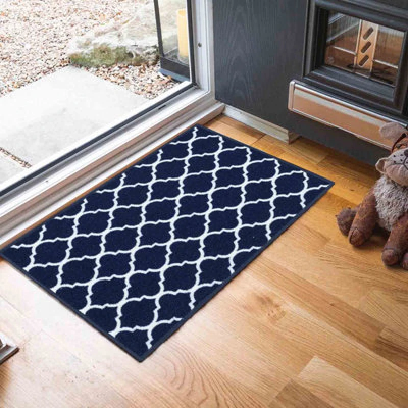 Image of Machine Washable Trellis Design Anti Slip Doormats Navy 50X80 Cm