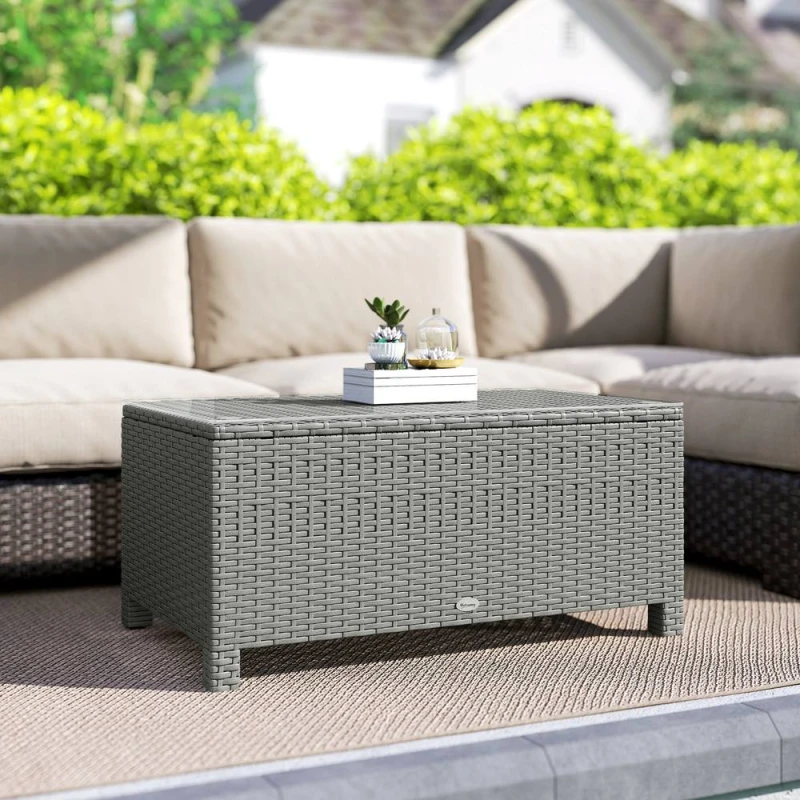 Image of OUTSUNNY Garden Rattan Side Table, Wicker Coffee Desk, Glass Top, Light Grey Light Grey Unisex