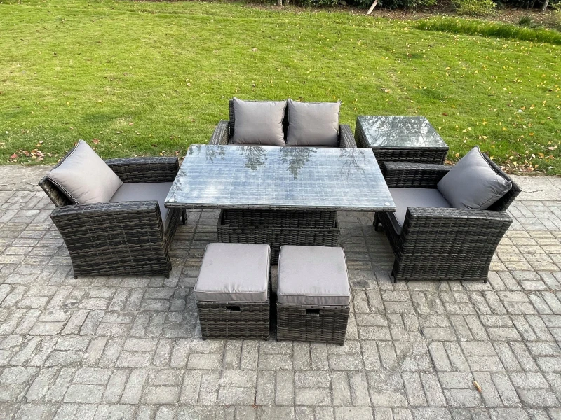 Image of Fimous Outdoor Garden Dining Sets Rattan Patio Furniture Sofa Set with Rising Lifting Table Side Table in Dark Grey Dark Grey Unisex