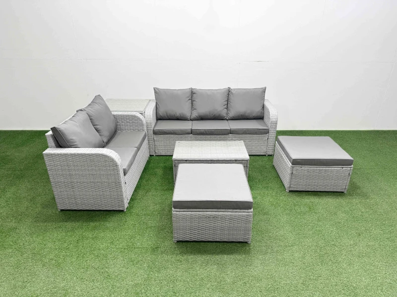 Image of Fimous 7 Seater PE Rattan Wicker Garden Furniture Patio Conservatory Sofa Set with Rectangular Coffee Table 3 Seater Sofa Love Sofa 2 Big Footstool Si