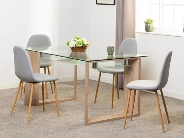 Image of Seconique Milan Glass and Oak Dining Table and 4 Barley Grey Fabric Chairs