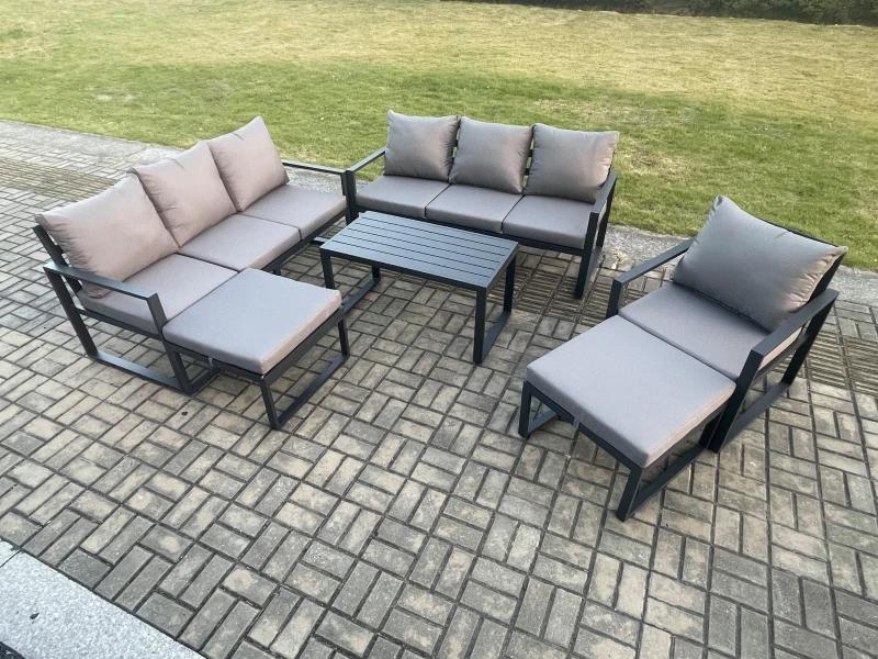 Image of Fimous Aluminium 6 Pieces Garden Furniture Set with Cushions 9 Seater Outdoor Patio Lounge Sofa Set with Armchair 2 Big Footstools in Dark Grey Dark G