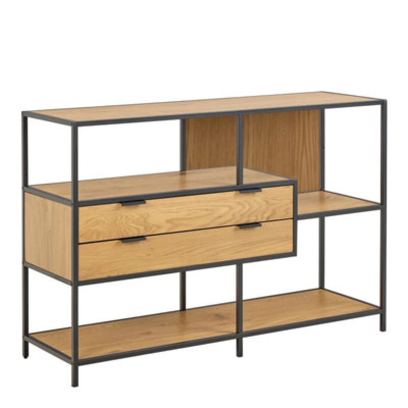 Image of Furniture To Go Seaford Wide Oak Metal Bookcase 2 Drawers And 3 Shelves In Matt Wild Oak
