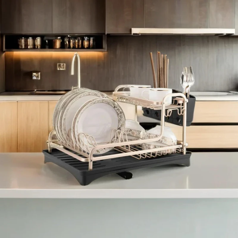 Image of Cottonfy UK 2-Tier Aluminium Alloy Dish Drainer Rack - Gold Gold M