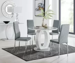 Image of Giovani Round 4 Seat 100cm White High Gloss Halo Base Grey Glass Top Dining Table 4 Soft Faux Leather Silver Leg Milan Chairs