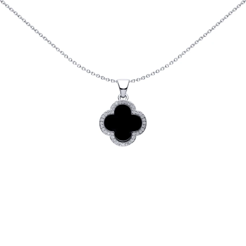 Image of Jewelco London Silver Black Clover Onyx CZ Halo Lucky Charm Pendant - APD233 Silver
