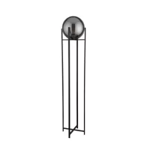 Image of Amsterdam 1 Light Matt Black Floor Lamp Round Smokey Glass Shade