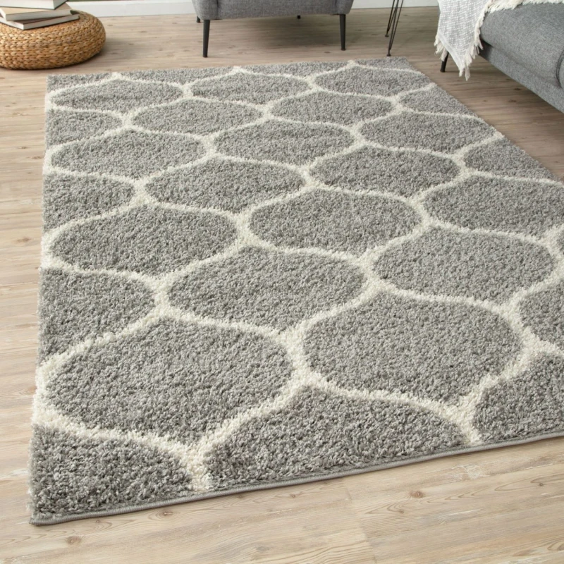 Image of THE RUGS Soft Trellis Shaggy Rugs & Runners Grey & Ivory Living Room Size: 180cm x 270cm Grey Unisex 180cm x 270 cm