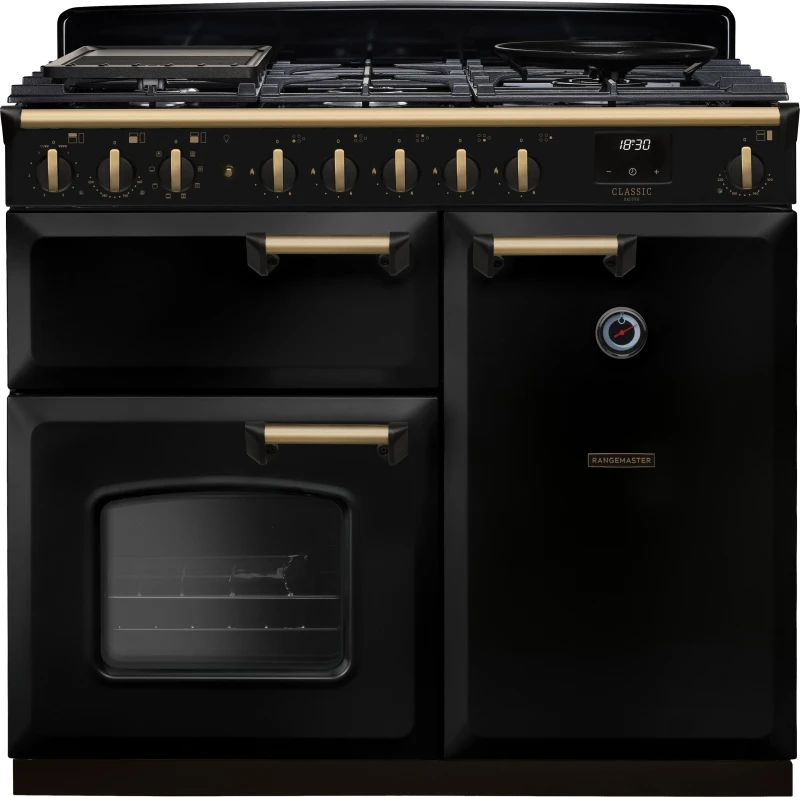Image of Rangemaster Classic Deluxe 100 Dual Fuel CLDL100DFPGBL/AB1 100cm wide Dual Fuel Range Cooker with Gas Hob - Black / Antique Brass - A Rated
