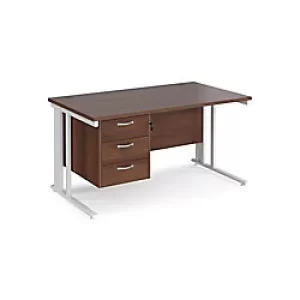 Image of Rectangular Straight Desk Walnut Wood Cable Managed Legs White Maestro 25 1400 x 800 x 725mm 3 Drawer Pedestal