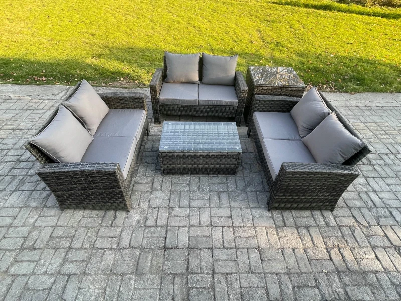 Image of Fimous Dark Grey 6 Seater Outdoor Rattan Garden Furniture Set Patio Love Sofa Rectangular Coffee Table Set with Side Table Dark Grey Unisex
