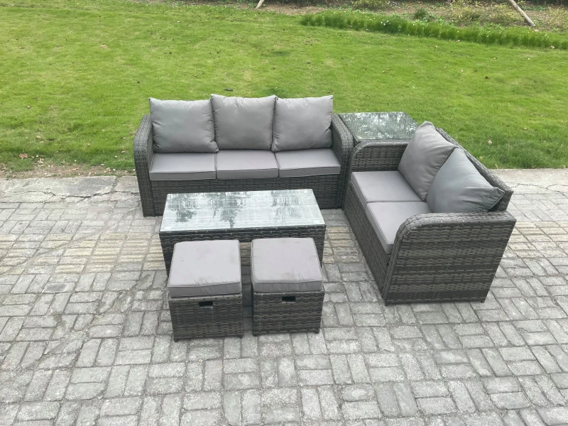 Image of Fimous Outdoor Rattan Garden Furniture Set Patio Lounge Sofa Set with Coffee Table Side Table 2 Footstools Dark Grey Mixed Dark Grey