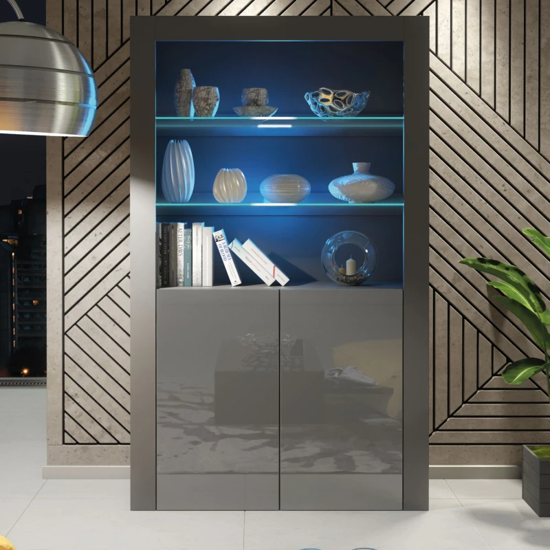 Image of Creative Furniture Spectrum Display Cabinet 170cm - A Contemporary and Spacious Cabinet with Glass Shelves and LED Lights Dark Grey