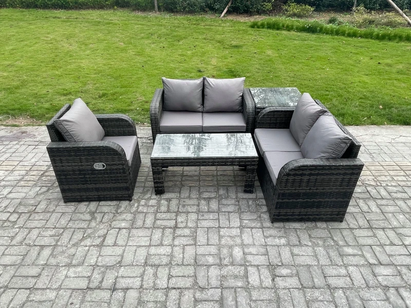 Image of Fimous 5 Seater Garden Furniture set Rattan Outdoor Lounge Sofa Table Chair With Tempered Glass Table Dark Grey Mixed Dark Grey