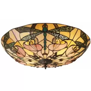 Image of Loops - Tiffany Glass Semi Flush Ceiling Light Dragonfly Round Inverted Shade i00032