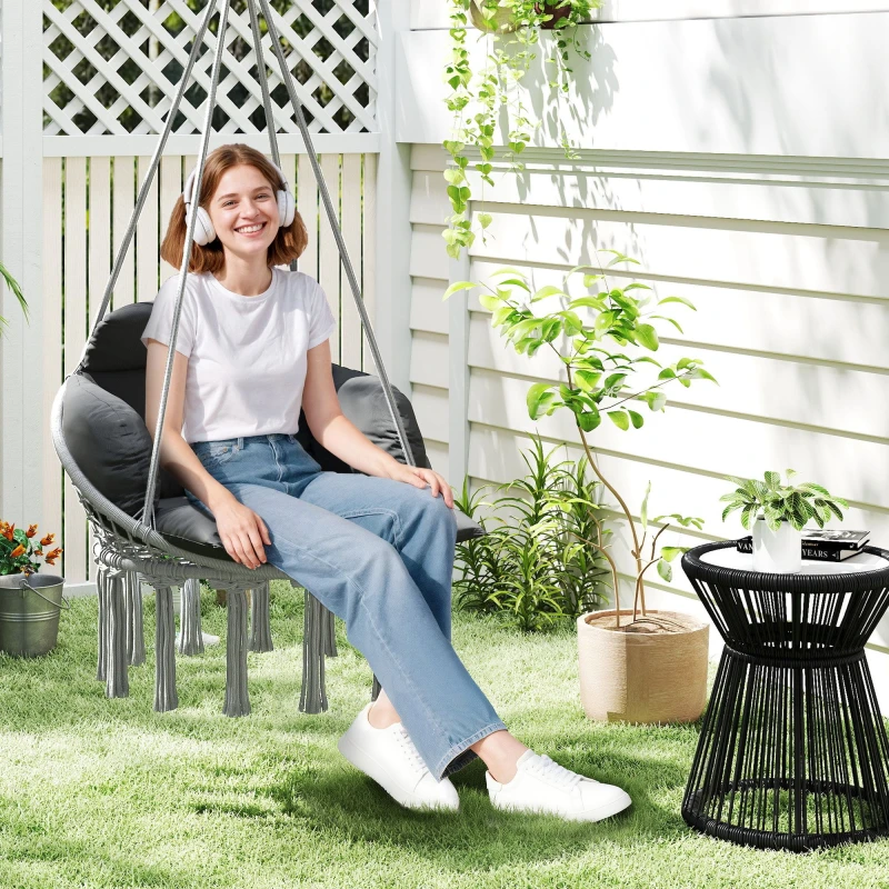 Image of Outsunny Hammock Chair, Boho Hanging Swing Chair with Cushion, Dark Grey Dark Grey