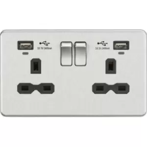 Image of MLA Knightsbridge 13A 2 Gang Socket Dual USB (2.4A) W/LED Charge Indicators Brushed Chrome W/Black Insert - SFR9904NBC