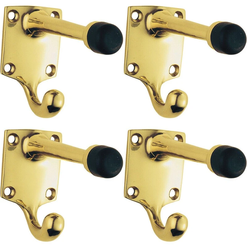Image of Loops 4x One Piece Hat & Coat Hook with Rubber Buffer 88mm Projection Polished Brass Metallics