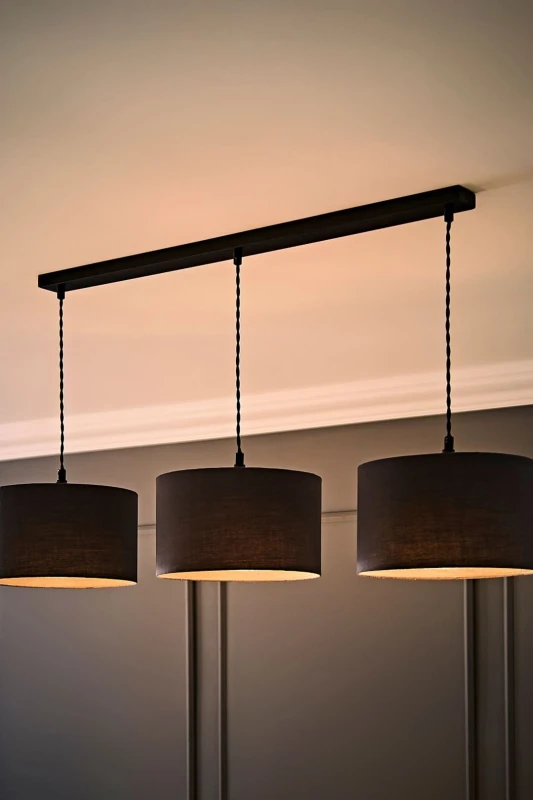 Image of ValueLights ValueLights Reni Drum Shade 3 Drop Bar Matte Black Diner Ceiling Pendant Light and LED Bulbs in Charcoal Charcoal One Size Unisex 50594060