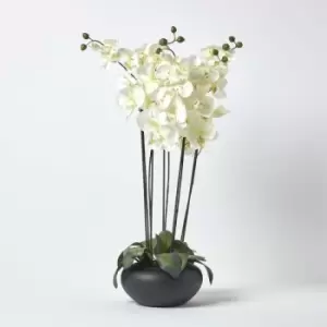 Image of Homescapes - Large Oriental Style Cream Orchids in Black Bowl - Natural