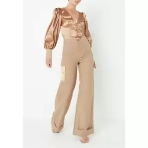 Image of Missguided Tall Turn Up Satin Panel Cargo Trousers - Neutral