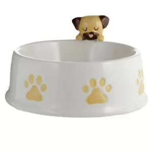 Image of Ceramic Brown Dog on Rim Pet Food Bowl