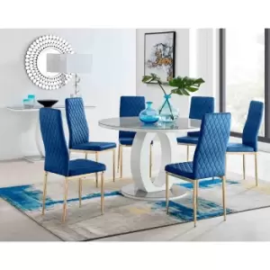 Image of Furniture Box Giovani Round Grey Large 120Cm Table and 6 Navy Velvet Milan Gold Leg Chairs