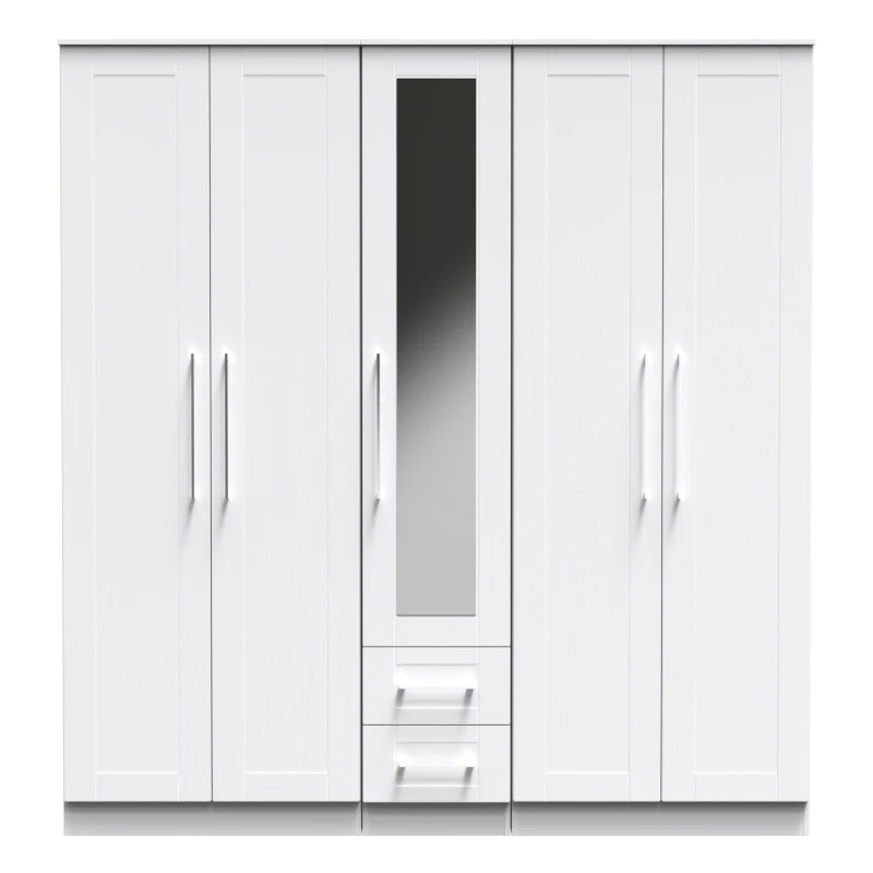 Image of Ripon Tall 5 Door 2 Drawer 1 Mirror Wardrobe In White Ash (Ready Assembled)