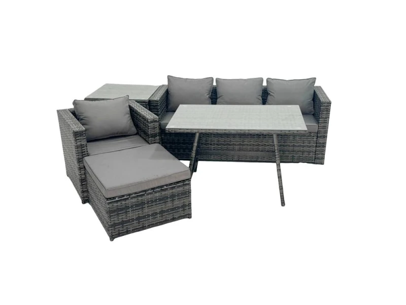 Image of Fimous Rattan Dining Table Sofa Set with Side Table Big Footstool Outdoor in Dark Grey Dark Grey Unisex