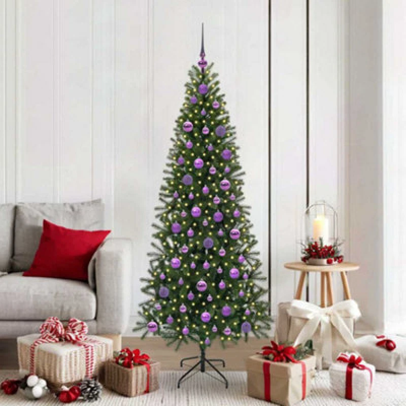 Image of vidaXL Artificial Christmas Tree with 300 LEDs, Lilac Balls Green 180 x 90cm PE and PVC, Green 3397360