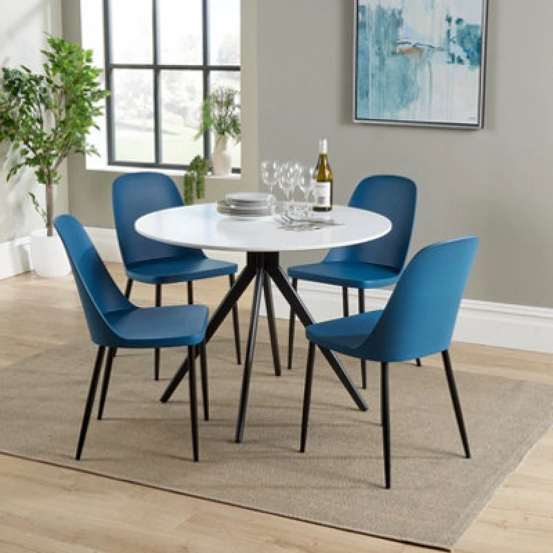 Image of Core Products Aspen White 100Cm Round Dining Table With 4 Blue Plastic Duo Design Chairs