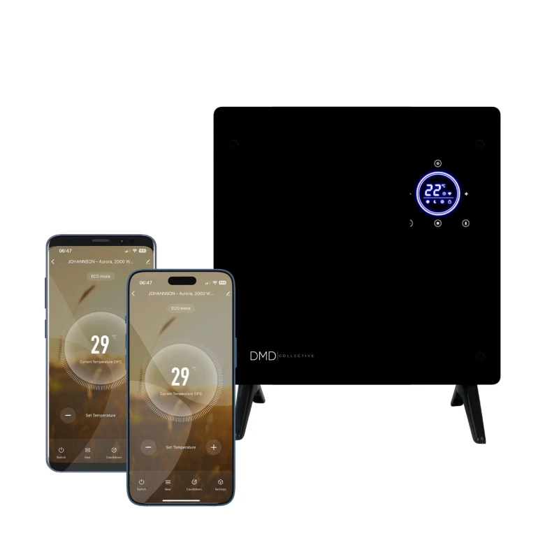 Image of DMD Collective Smart WiFi Glass Panel Heater Touch Screen 1000W Freestanding & Free Wall Brackets in Black Unisex