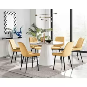 Image of Furniture Box Palma White Marble Effect Round Dining Table and 6 Mustard Pesaro Black Leg Chairs