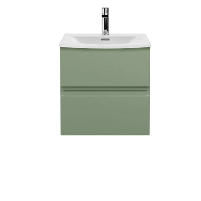 Image of Hudson Reed Urban Wall Hung 2 Drawer Vanity Unit With Curved Ceramic Basin, Modern Bathroom Furniture In Satin Green, 500mm