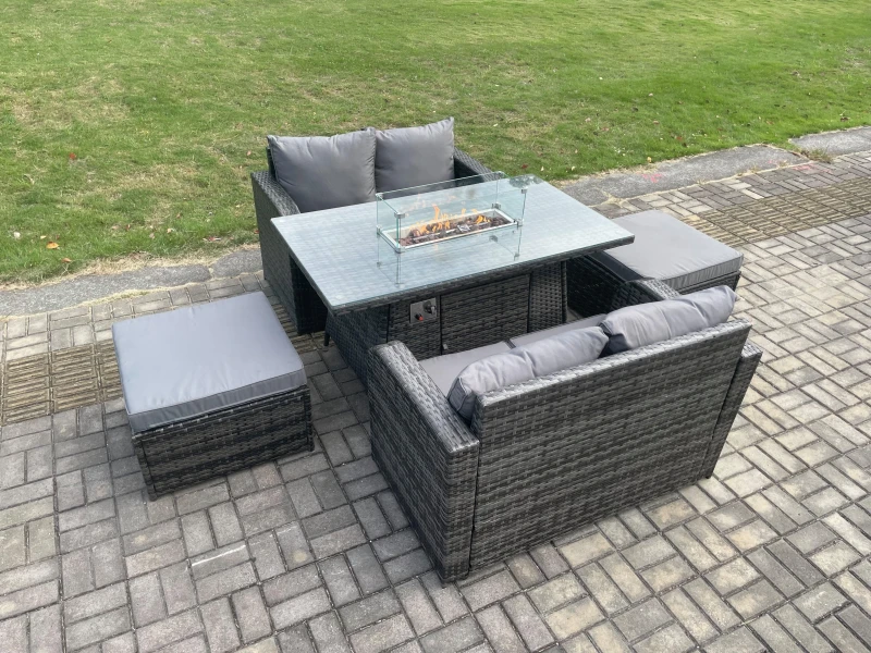 Image of Fimous Rattan Garden Furniture Set with Gas Fire Pit Table 5 Pieces Indoor Outdoor Loveseat Sofa Set Dark Grey Mixed Dark Grey