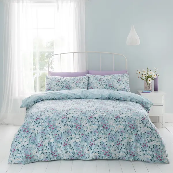 Image of Catherine Lansfield Daisy Meadow Floral Duck Egg Blue Duvet Cover and Pillowcase Set Duck Egg (Blue)