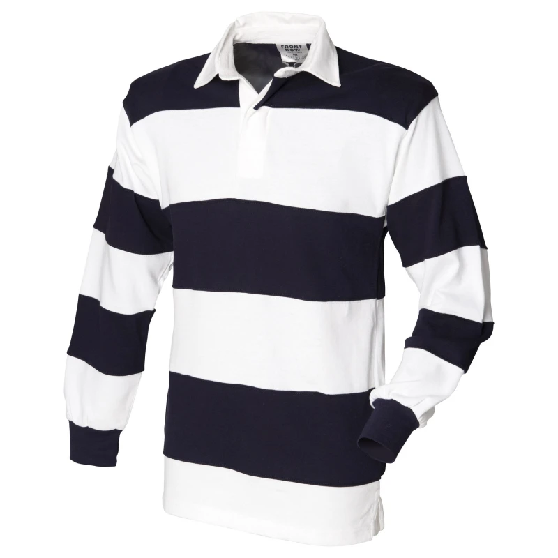 Image of Front Row Mens Sewn Stripe Long Sleeve Sports Rugby Polo Shirt in White Size: Small White Male S