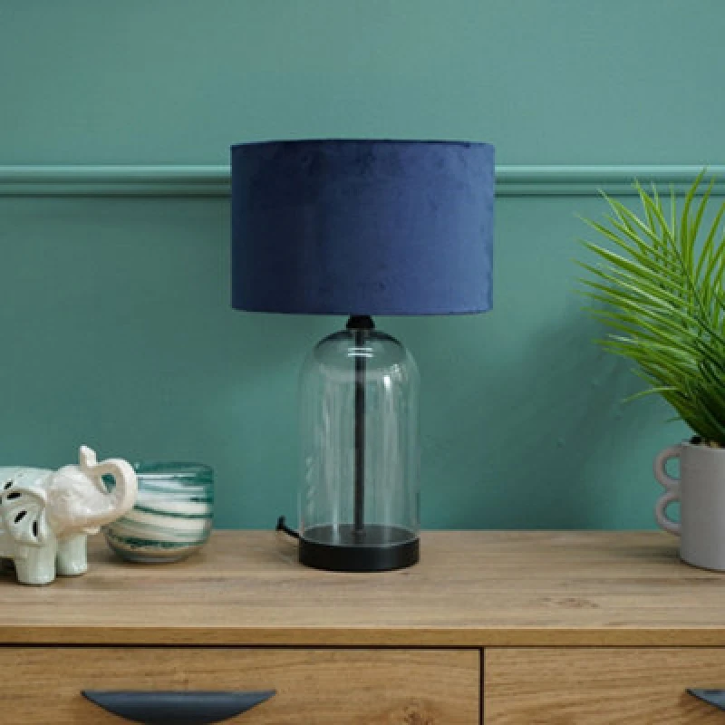 Image of ValueLights Jessy Black Glass Table Lamp With Navy Blue Velvet Shade Black