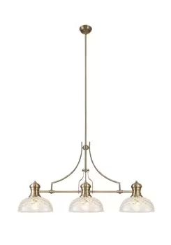 Image of Linear Ceiling Pendant With 30cm Flat Round Patterned Shade, 3 x E27, Antique Brass, Clear Glass