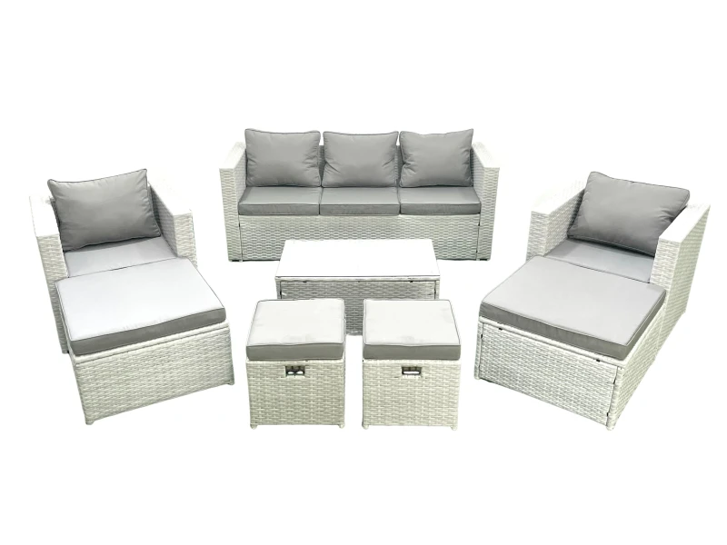 Image of Fimous 8 Pieces Rattan Garden Furniture Set Outdoor Garden Sofa Chair Coffee Table Set with 4 Footstools Light Grey Mixed Light Grey