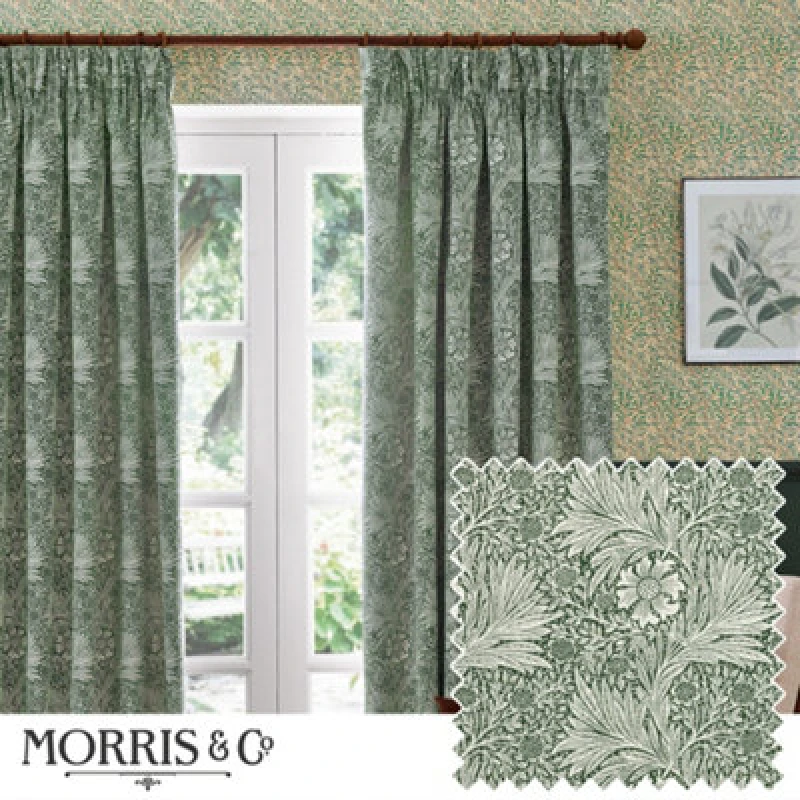 Image of Morris & Co Morris & Co Marigold Jacquard Floral Room Darkening Pencil Pleat Curtains in Green Size: 229cm width x 183cm drop Green 229cm width x 18