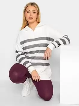 Image of Yours Soft Touch Half Zip Stripe Top - White, Size 18, Women