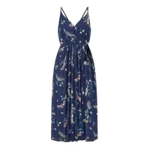 Image of Yumi Navy Botanical Bird Print Midi Dress - Blue