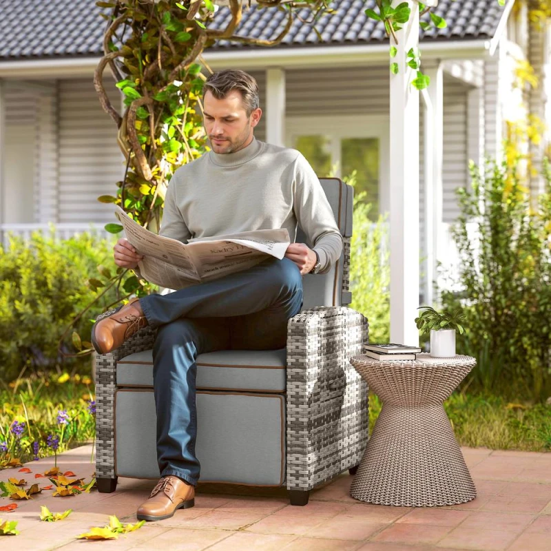 Image of Outsunny Rattan Garden Recliner Sun Lounger w/ Flip Table, Mixed Grey/Grey 867-274V70GY