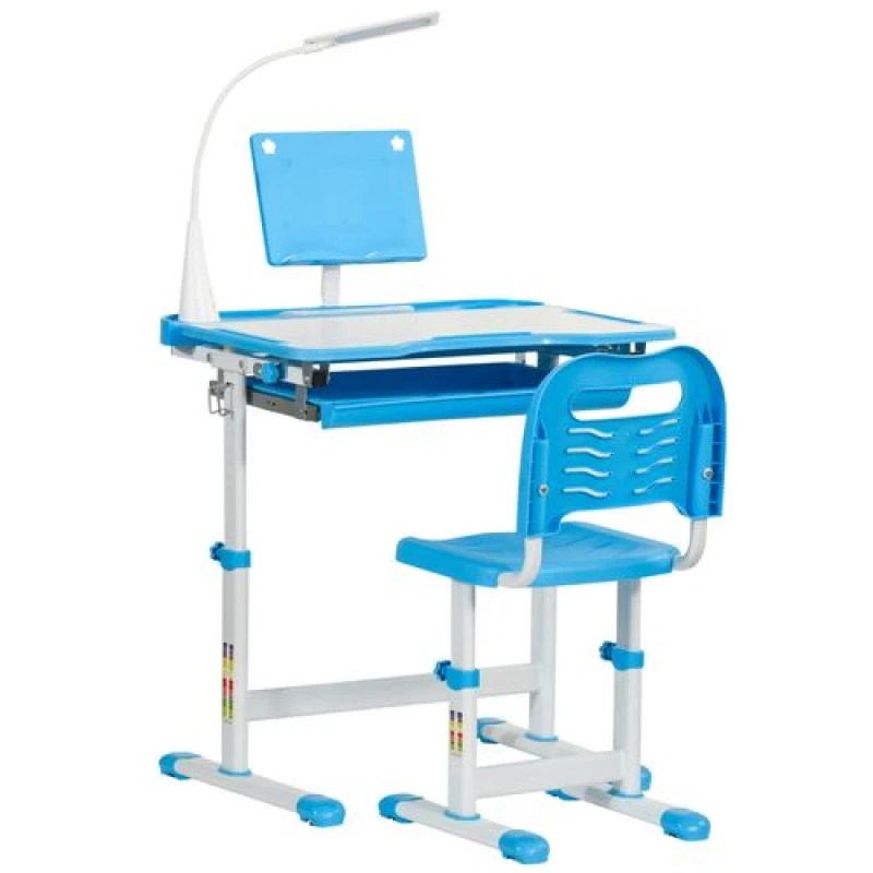 Image of HOMCOM Kids Desk and Chair Set, Height Adjustable Study Desk with usb Lamp Blue - Homcom 5056725582876