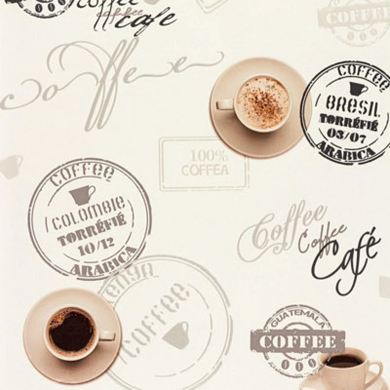 Image of As Creation Coffee Cup Wallpaper Off White Beige Typography Script Kitchen Washable Vinyl