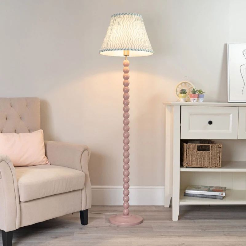 Image of ValueLights Bobbins Rose Pink Floor Lamp with Tapered Fabric Pleated Shade and LED Bulb Green
