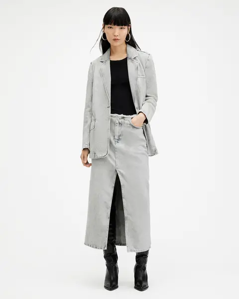 Image of AllSaints Honor Frayed Denim Maxi Skirt