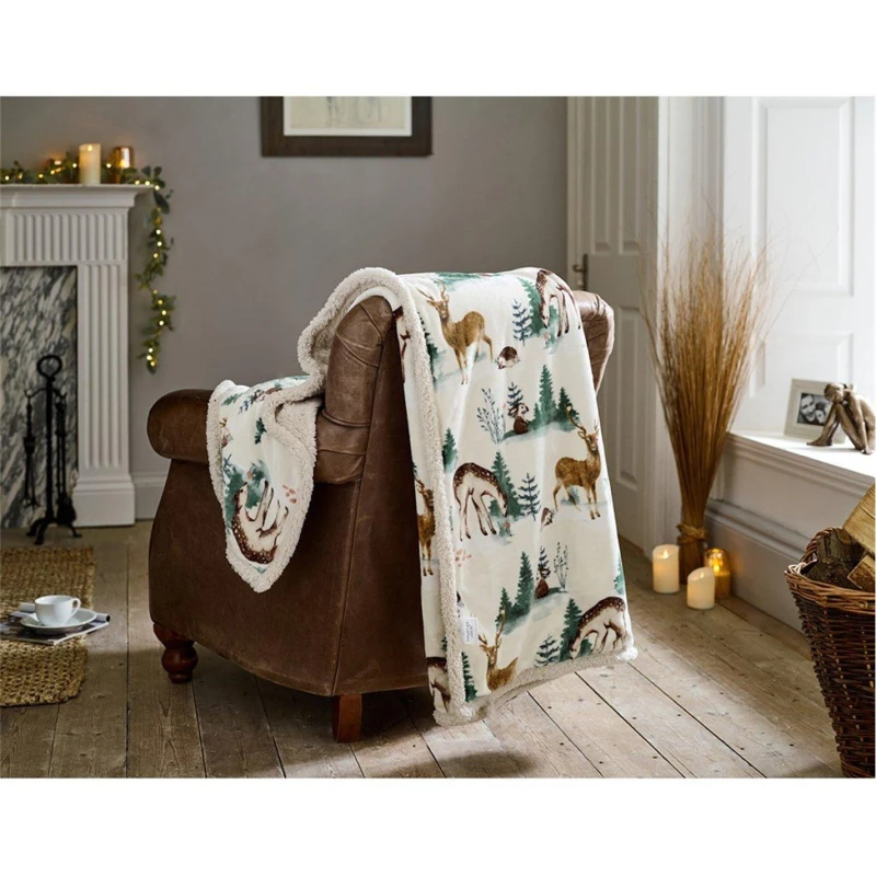 Image of Deyongs Deyongs Winter Deers Sherpa Fleece Throw - 140 x 180cm Soft Woodland Animal Blanket with Flannel Front & Cosy Reverse in Cream Size: 140cm x